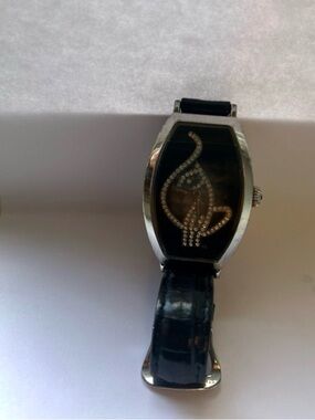 Baby Phat Black Leather Strap Watch with Crystal Cat Motif